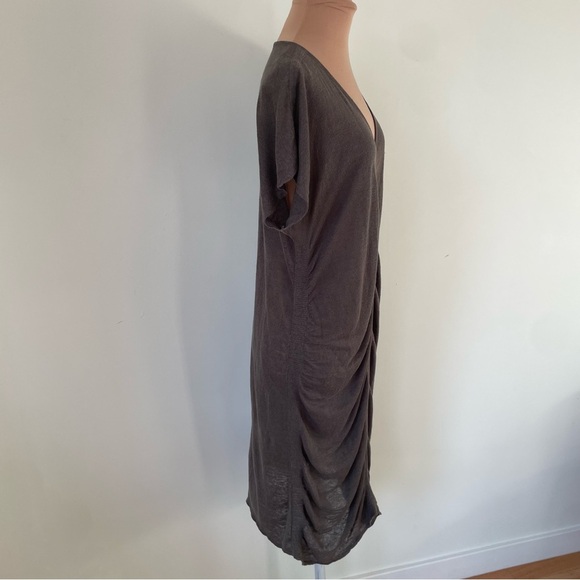 Christopher Fischer Gray Brown V-Neck Ruched Semi Sheer Linen Dress EUC Size M - Picture 4 of 7